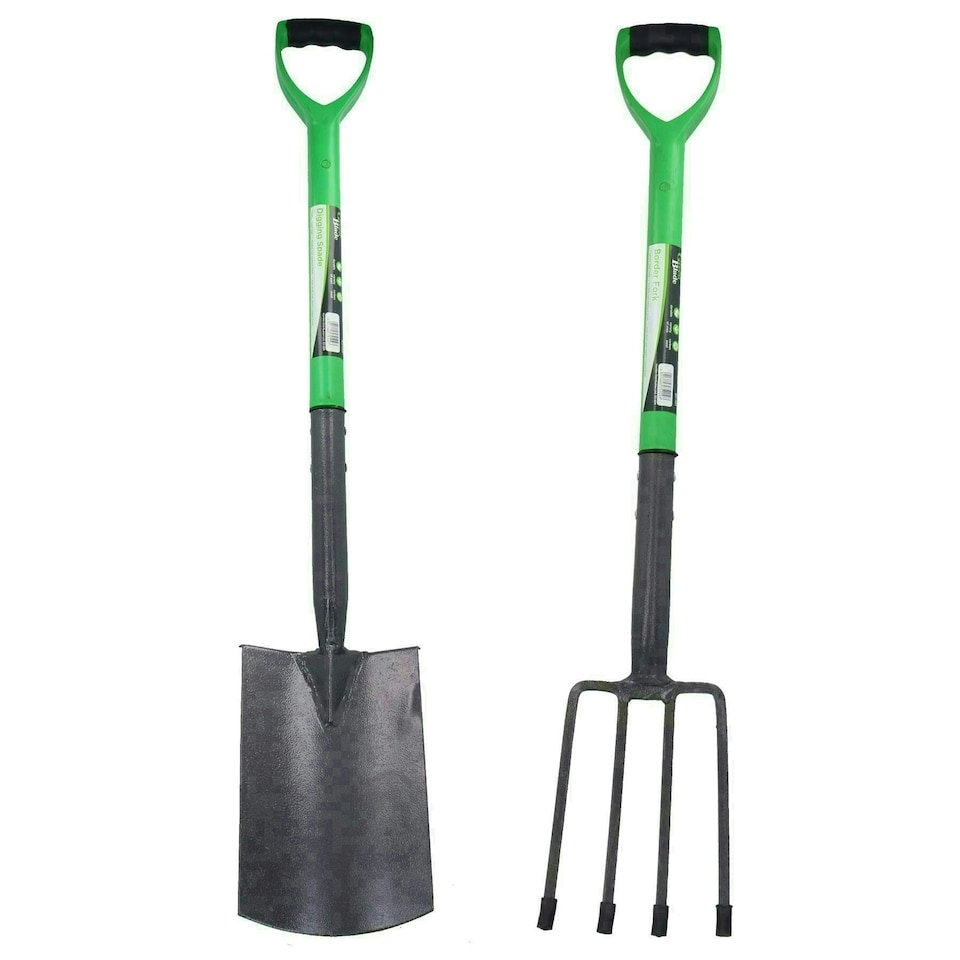 image 1 of Garden Gardening Border Fork + Digging Spade Carbon Steel Blades 2pc Set