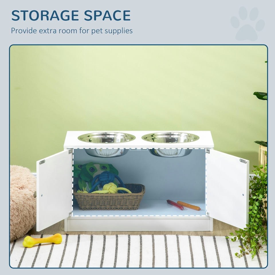 image 1 of PawHut Raised Dog Bowls for Large Dogs Feeding Station w/ Stand, Storage - White