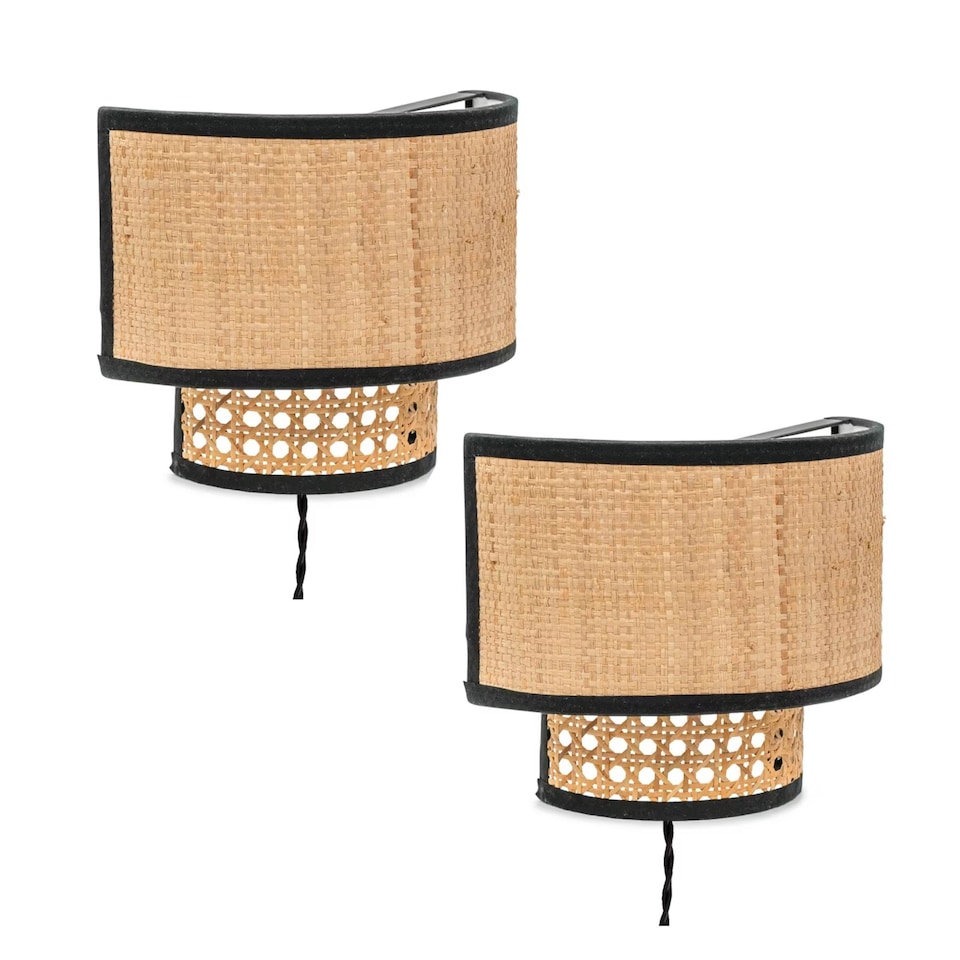 image 1 of ValueLights Grant Pair Plug in Natural Rattan Wicker Cane Easy Fit Wall Lights | Brown