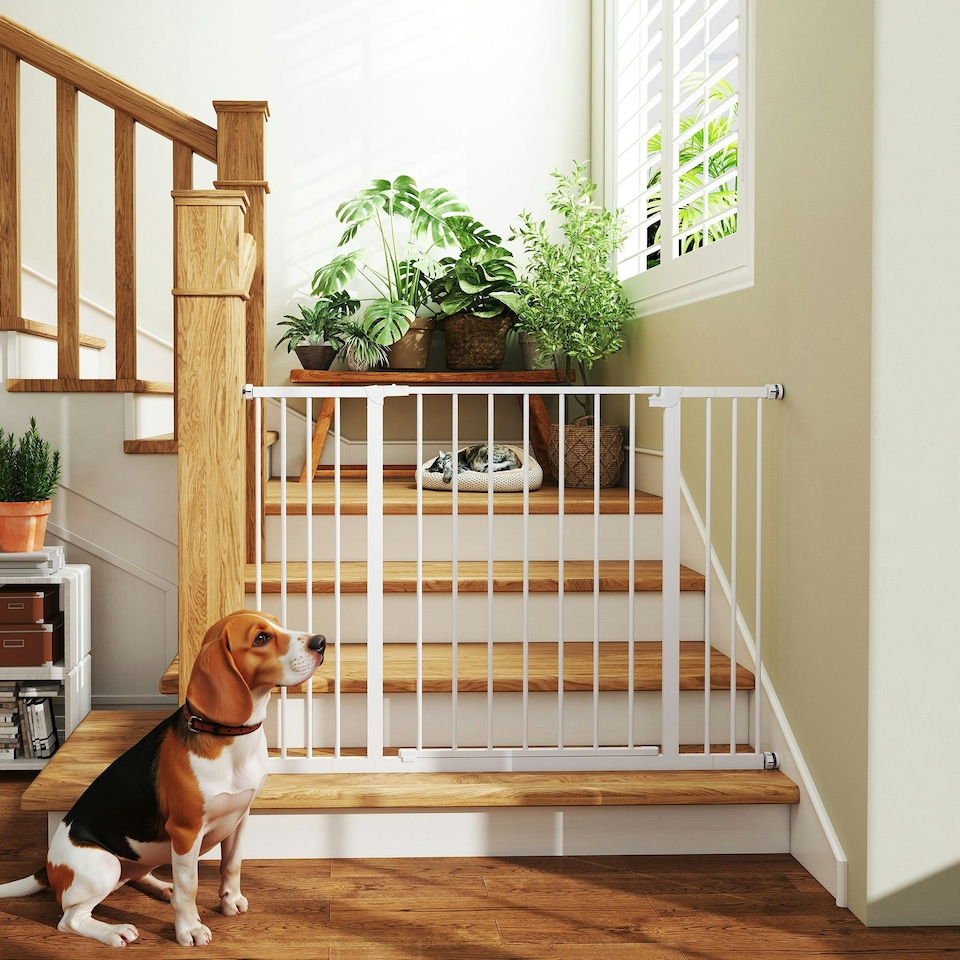 image 1 of PawHut Pressure Fitted Pet Dog Safety Gate Metal Fence 76 cm Tall, White