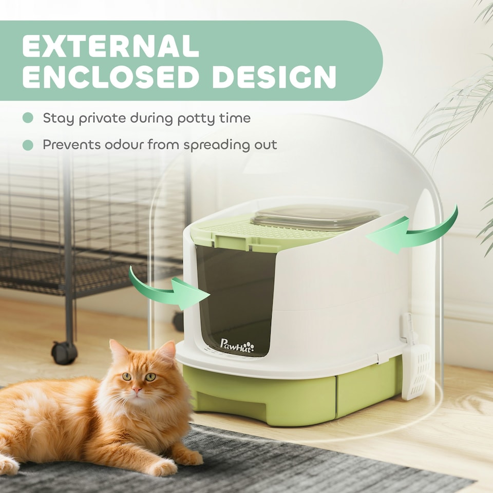 image 1 of PawHut Cat Litter Box, Hooded Cat Litter Tray with Lid, Scoop, Green Grey | One Size
