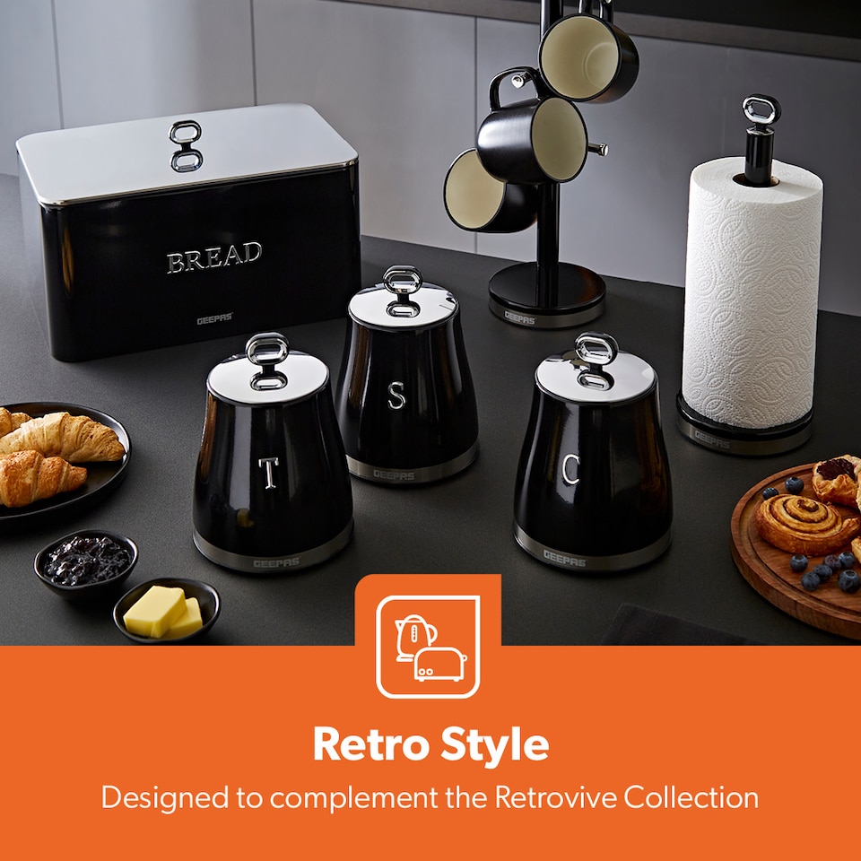 image 1 of GEEPAS Retrovive Mug Tree And Towel Pole Set Black