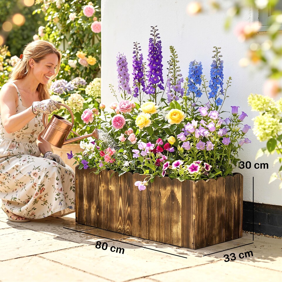 image 1 of Outsunny 70L Wooden Rectangle Garden Flower Raised Bed Pot 80L x 33W x 30H cm | Brown | Natural wood colour