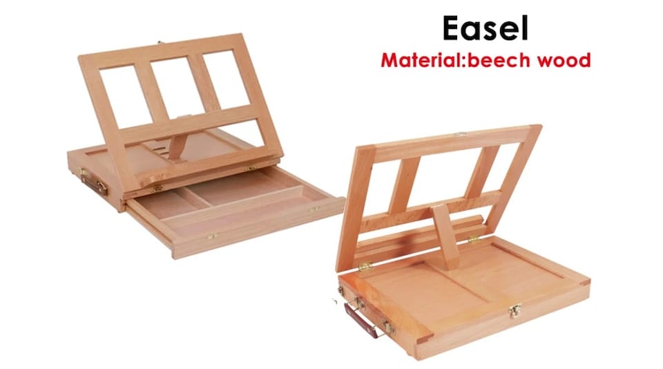 image 1 of Desktop Art Beech Wood Painting Stand Display Easel with Storage 34.5 x 26 x 6.5cm