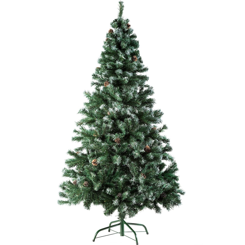 image 1 of Christmas Tree - artificial Christmas tree with frosted tips, pine cones, and metal stand | Green | green | 1