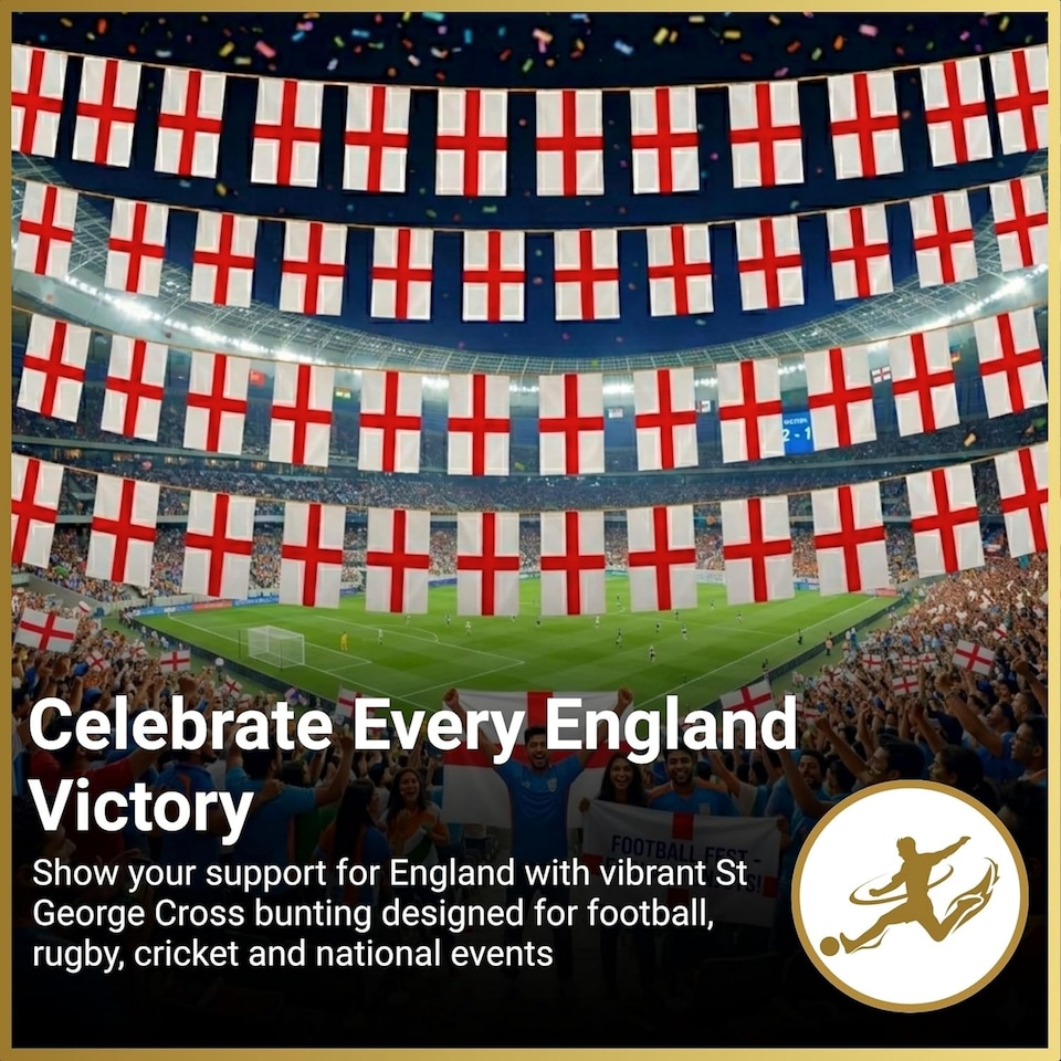 image 1 of 10m/33ft England St George Flag Bunting for FIFA 2026 World Cup – 25 St George Cross PVC Flags 20 x 30cm Double Sided