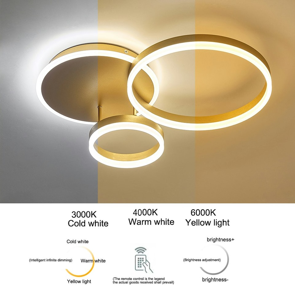 image 1 of Living and Home Triple-Ring LED Ceiling Light - Golden