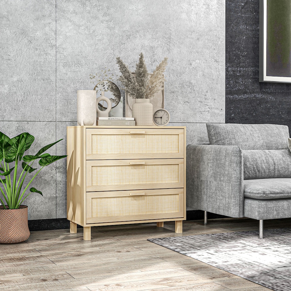 image 1 of HOMCOM Rattan Bedroom Chest of Drawers, 3 Drawers Storage Unit, Boho Dresser for Living Room, Hallway, Natural