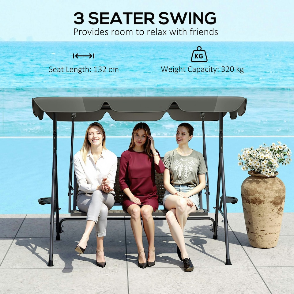 image 1 of Outsunny 3 Seater Garden Swing Seat Bench w/ Adjustable Canopy, Grey Grey | Grey