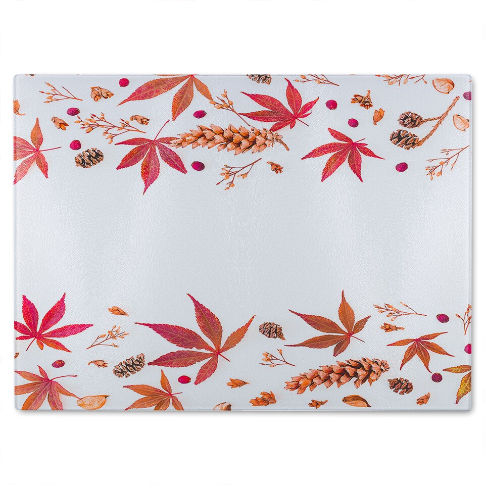 image 1 of Autumn Leaves Half Border Glass Chopping Board | Multi