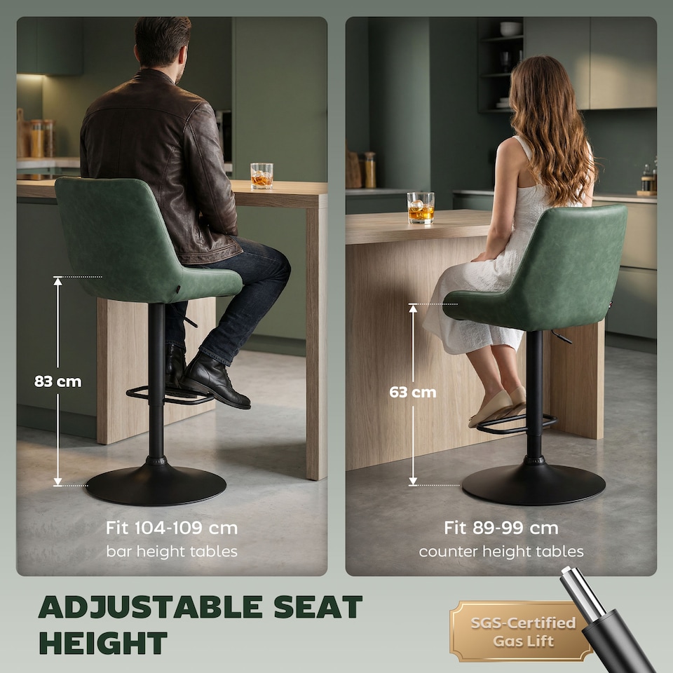 image 1 of HOMCOM PU Leather Padded Bar Stools Set of 2 with Metal Base, Dark Green