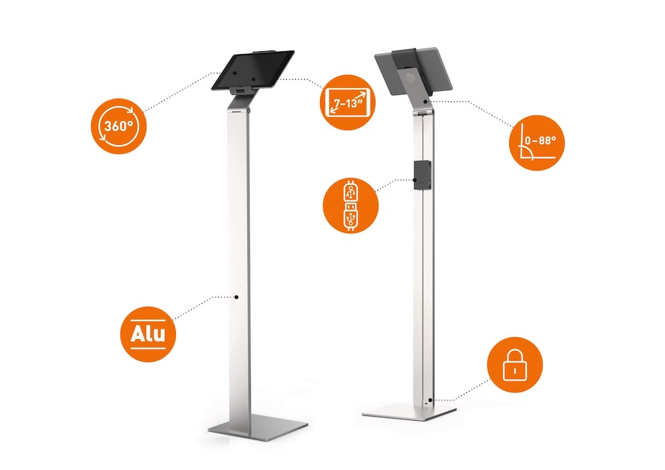 image 1 of Durable Aluminium Tablet Holder iPad Floor Exhibition Stand | Rotates & Locks | Silver