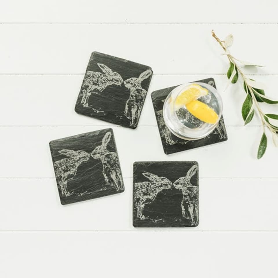 image 1 of The Just Slate Company Set of 4 Kissing Hares Slate Coasters