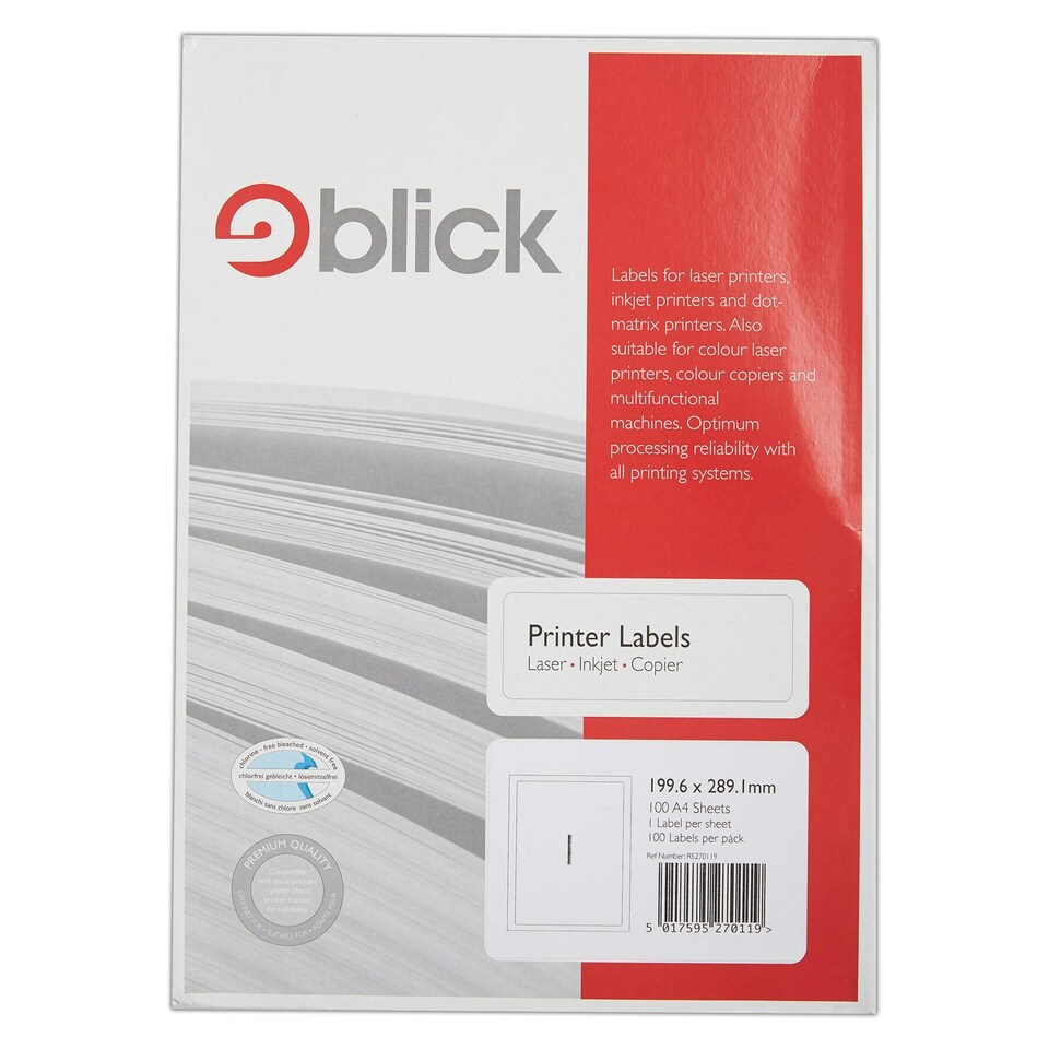 image 1 of Blick 1 Per Sheet 100 Sheets, 199.6 x 289.1mm, Rectangular, White, 100 Labels