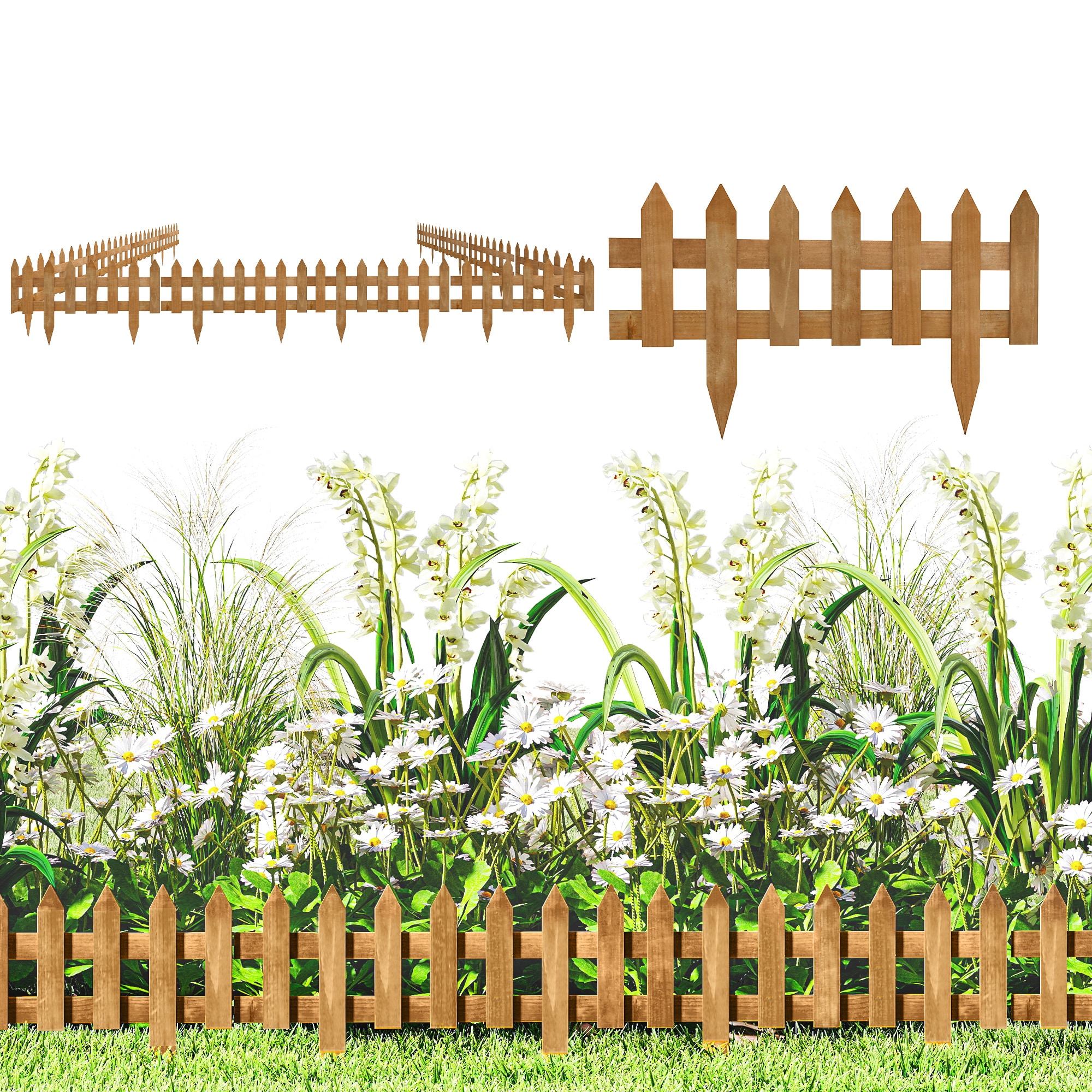 Outsunny Pack of 12 Wooden Plant Border Fence Garden Fixed Picket Fence Brown