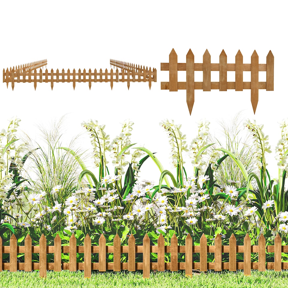 image 1 of Outsunny Pack of 12 Wooden Plant Border Fence Garden Fixed Picket Fence Brown