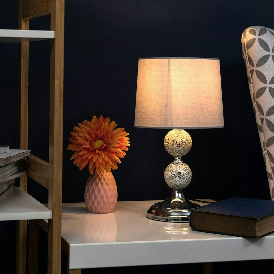 image 1 of ValueLights Pair Of Modern Chrome And Mosaic Crackle Glass Table Lamps With Grey Shade