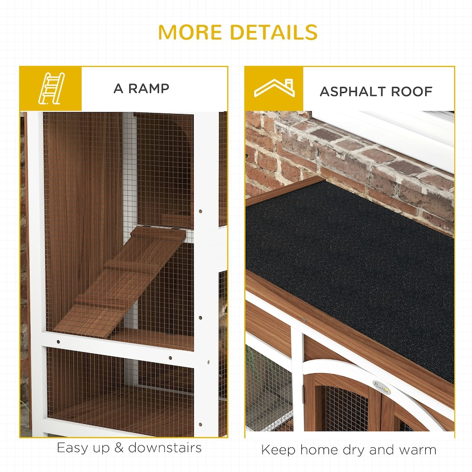 image 1 of PawHut Rabbit Hutch, Guinea Pig Hutch 2-Tier Wooden Cage w/ Ramp Roof, Brown
