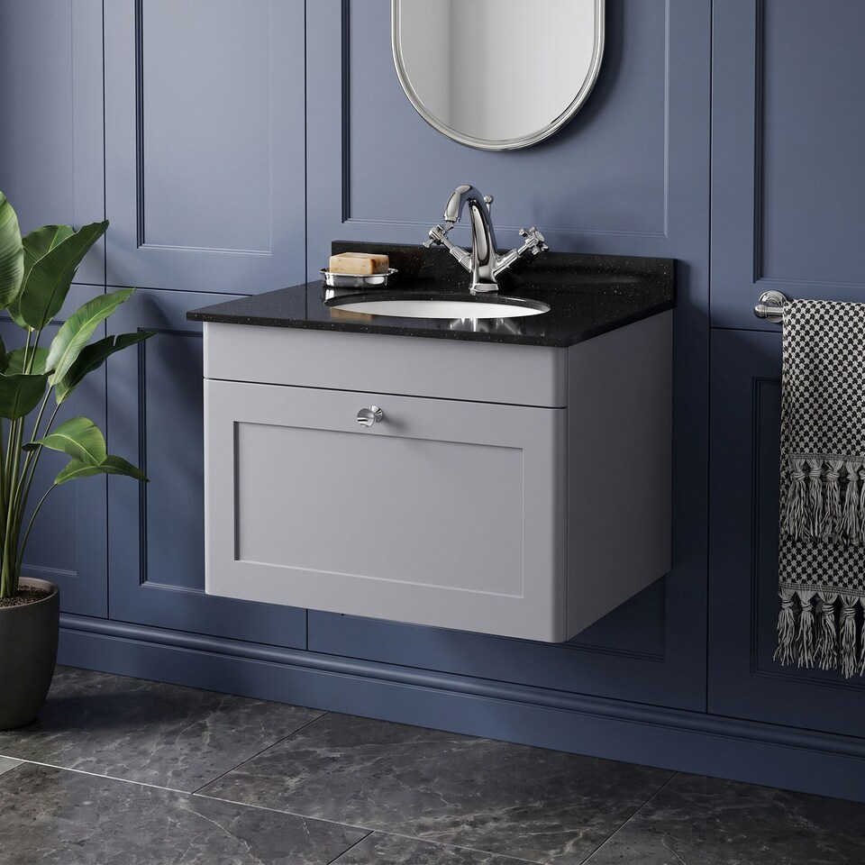 image 1 of Balterley Swynnerton Traditional 1 Drawer Wall Hung Vanity Unit with Marble Basin, Satin Grey, 600mm