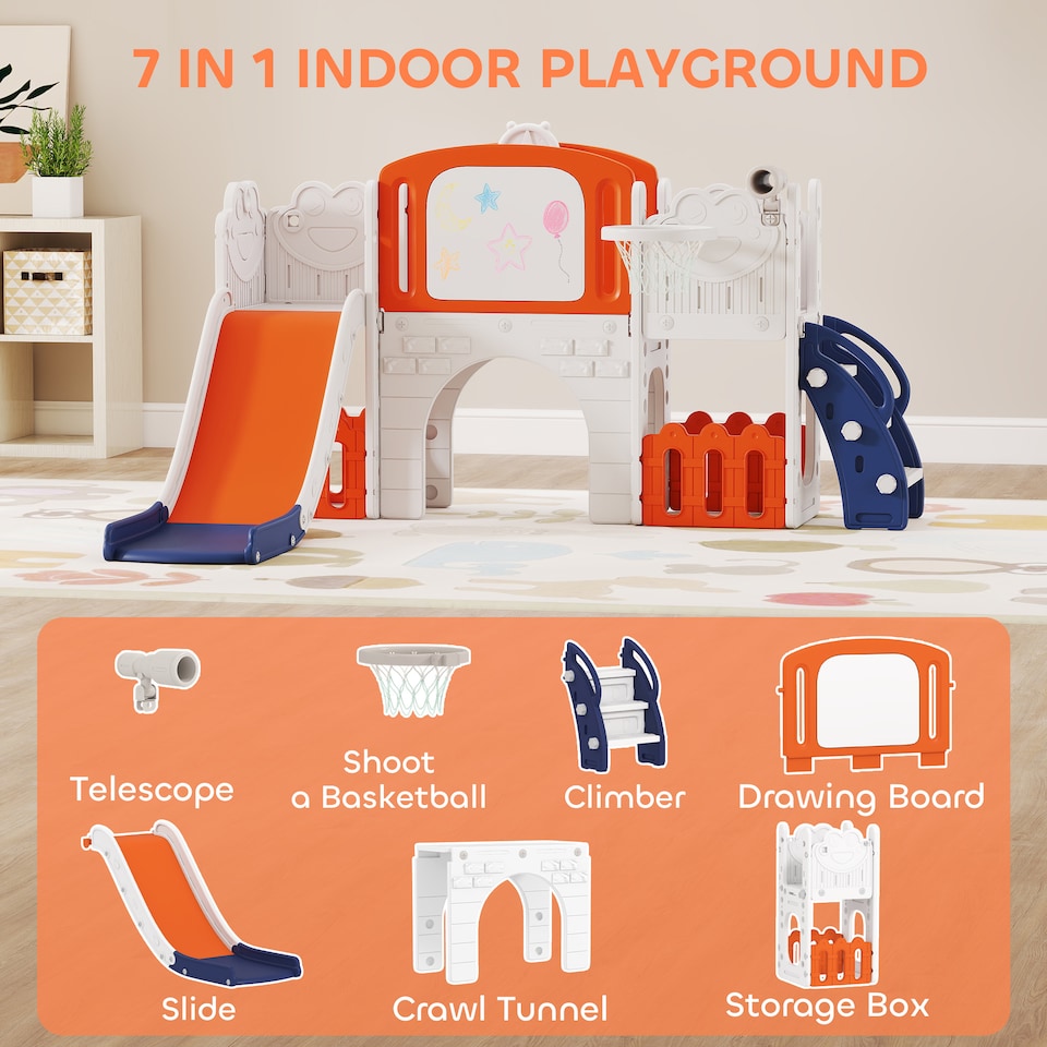 image 1 of AIYAPLAY 7 in 1 Toddler Slide Set, Frog Theme Playset with Basketball Hoop | Orange | Orange & White | 176L x 150W x 94H cm