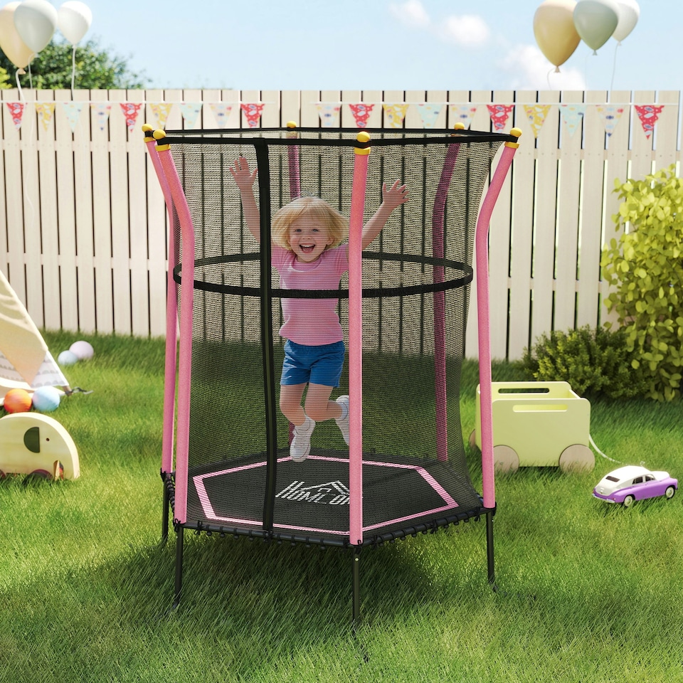 image 1 of HOMCOM 5.4FT Kids Trampoline With Enclosure Indoor Outdoor, Pink