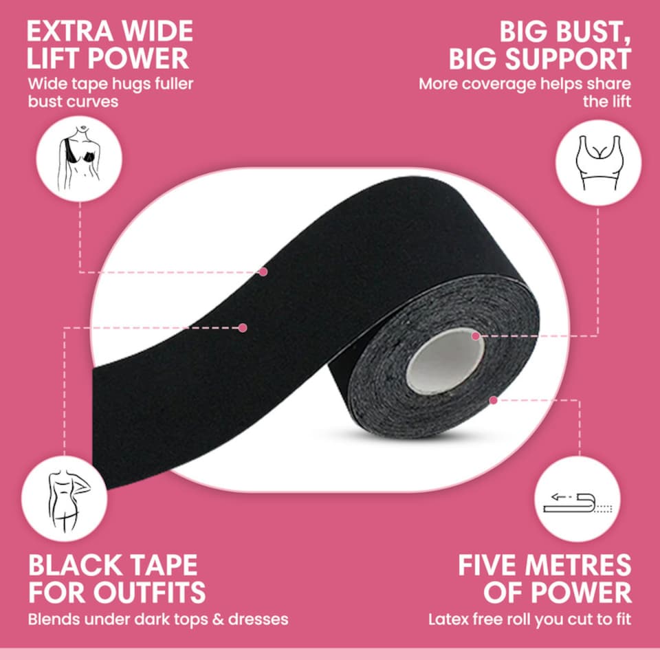 image 1 of Booby Tape Extra Wide Self-Adhesive Breast Lift Tape for All Bust Sizes Boosts Support and Confidence, Versatile and Ideal for Any Type of Clothing, Discreet and Comfortable Latex Free 5M Black Colour