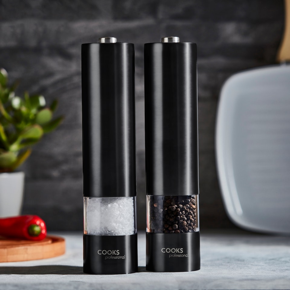image 1 of Cooks Professional Electric Salt & Pepper Mill - Stainless Steel Automatic Grinder | Black | Black | 2