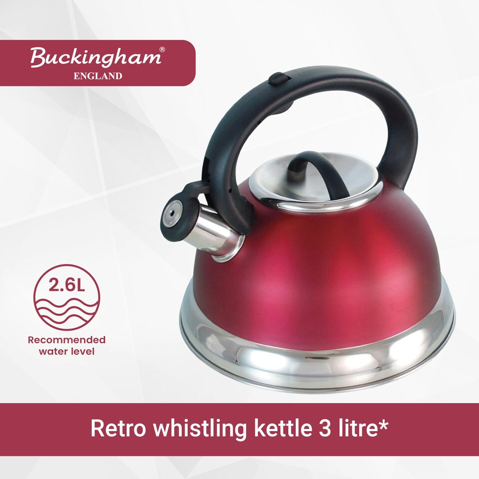 image 1 of Buckingham Stainless Steel Retro Whistling Kettle 3 Litre Red