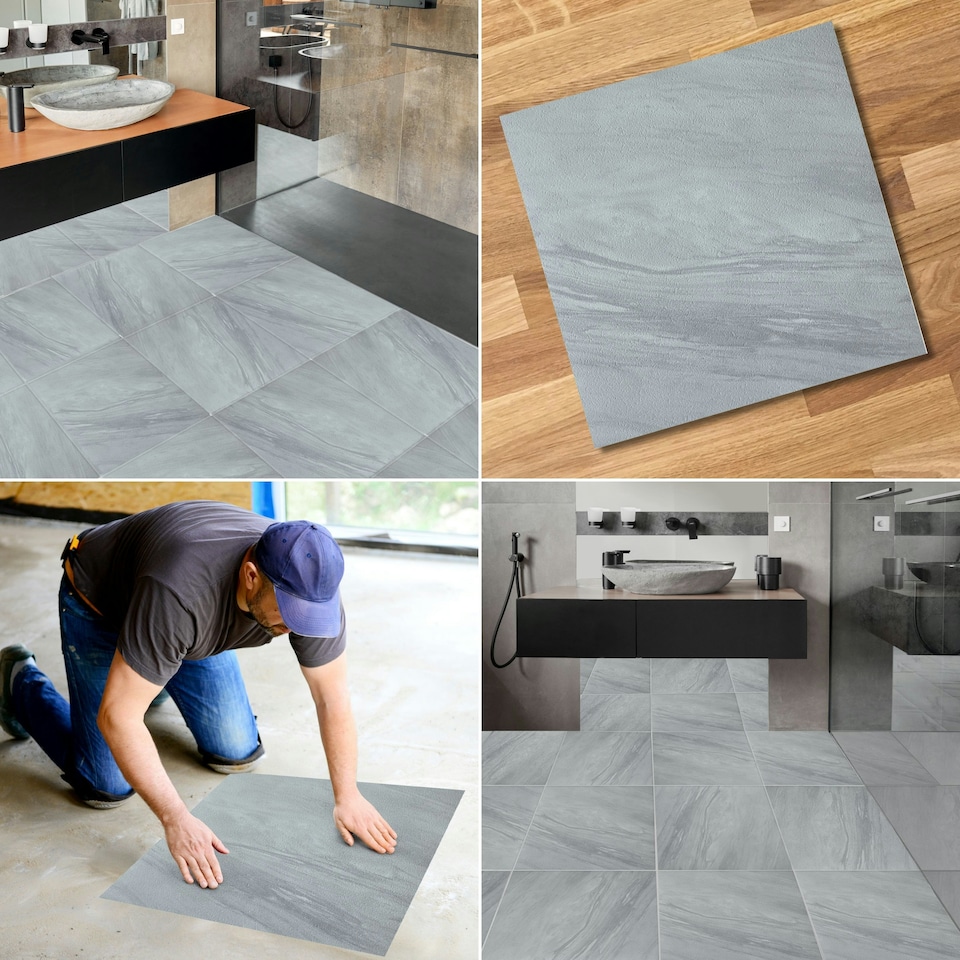 image 1 of NOVECRAFTO Vinyl Floor Tiles Self Adhesive – 18x18in Peel and Stick Waterproof Square Flooring for Kitchen, Bathroom & More – Grey White Marble Design Grey | 7.1 sqm