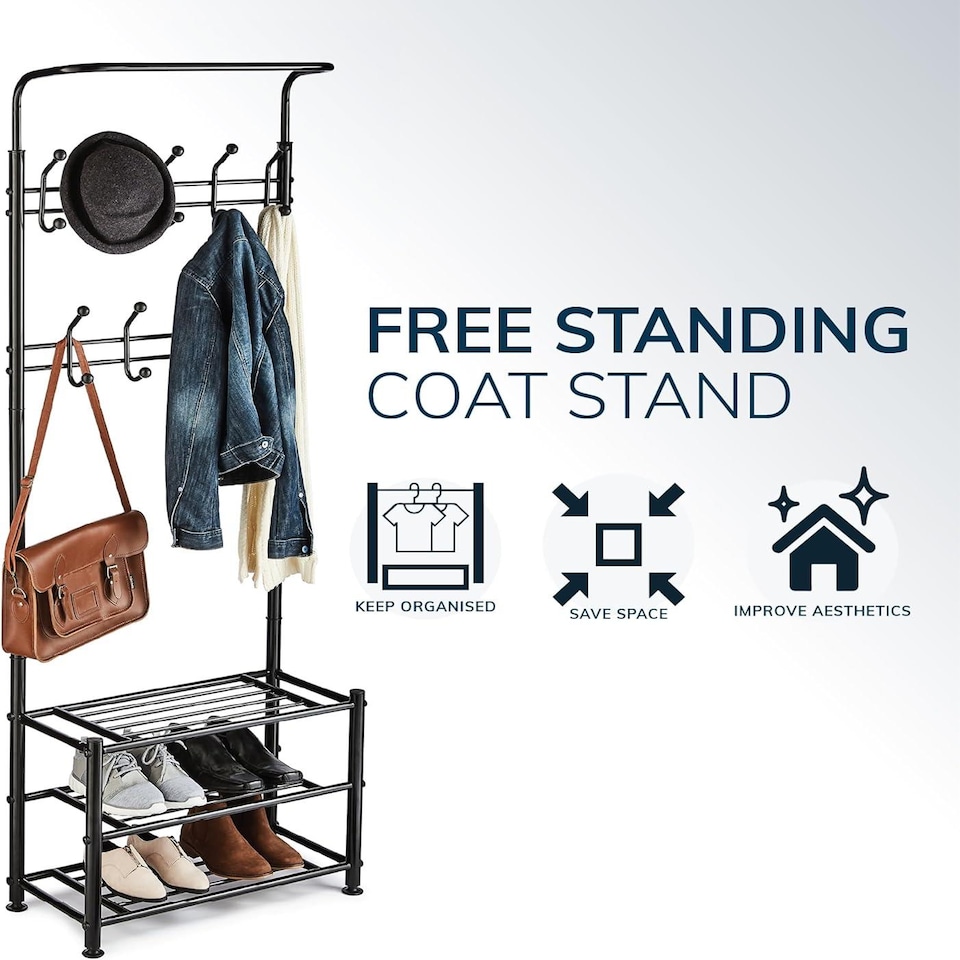 image 1 of House of Home Metal Hat Coat Stand Clothes Plus Shoes Rack Umbrella Steel Stand Hanger Hooks Black | Black