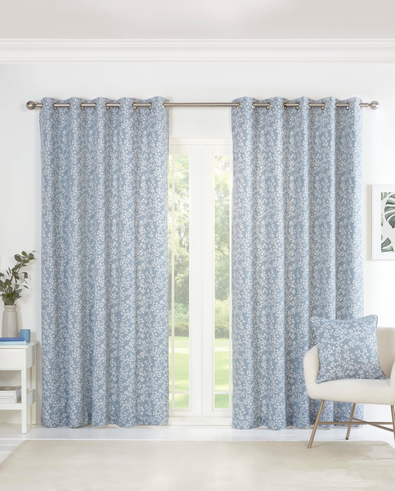 image 1 of Sade - Fully Lined Floral Curtains - Eyelet - Polycotton (Blue, 46'' x 72'' - 117cm x 183cm (Pair))