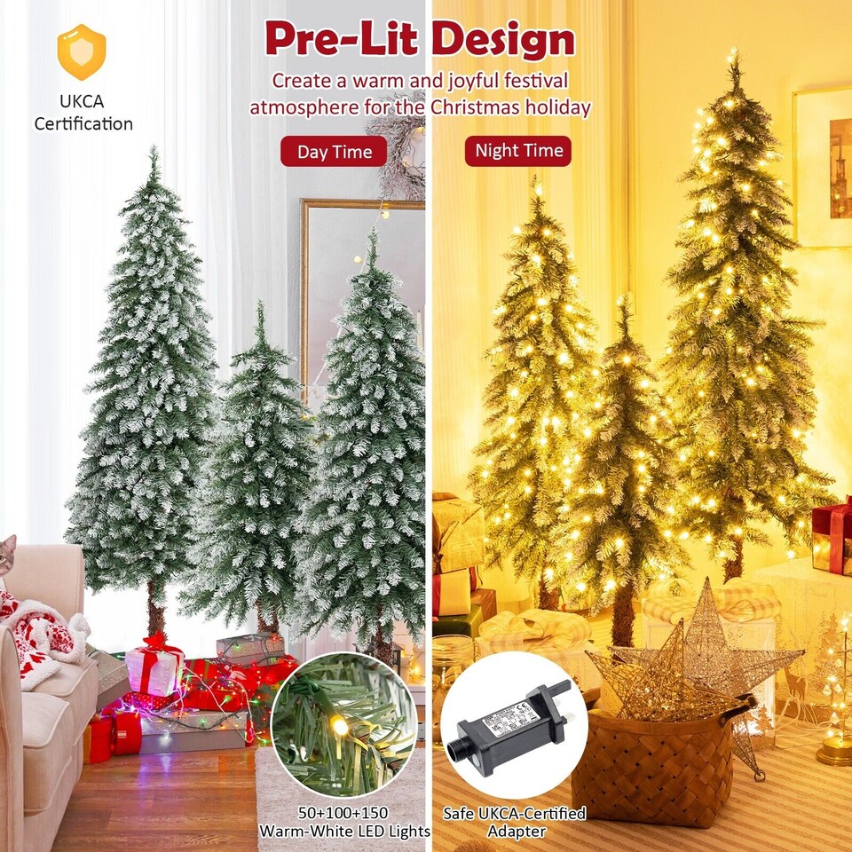 image 1 of COSTWAY 3 FT/ 4 FT/ 5FT Artificial Xmas Tree Set of 3 Snowy Christmas Tree LED Lights