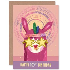 Stars Pink Llama Age 10 Year Old Child Kids 10th Birthday Card