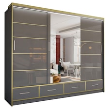Sliding Wardrobes 4U Sydney High Gloss Sliding Wardrobe with Mirror, LED & Drawers - 203cm or 253cm | Grey | Grey203cm | 253cm