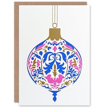Greeting Card Finial Art Nouveau Bauble Pink Blue Gold Modern Blank For Him Or Her Art Xmas Christmas Card