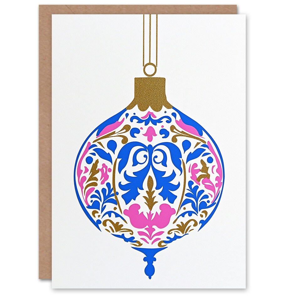 image 1 of Greeting Card Finial Art Nouveau Bauble Pink Blue Gold Modern Blank For Him Or Her Art Xmas Christmas Card