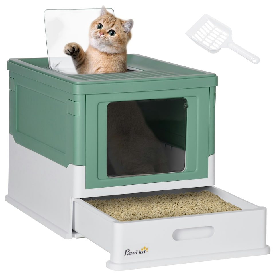 image 1 of PawHut Hooded Cat Litter Box, Pet Toilet w/ Scoop, Tray - Green