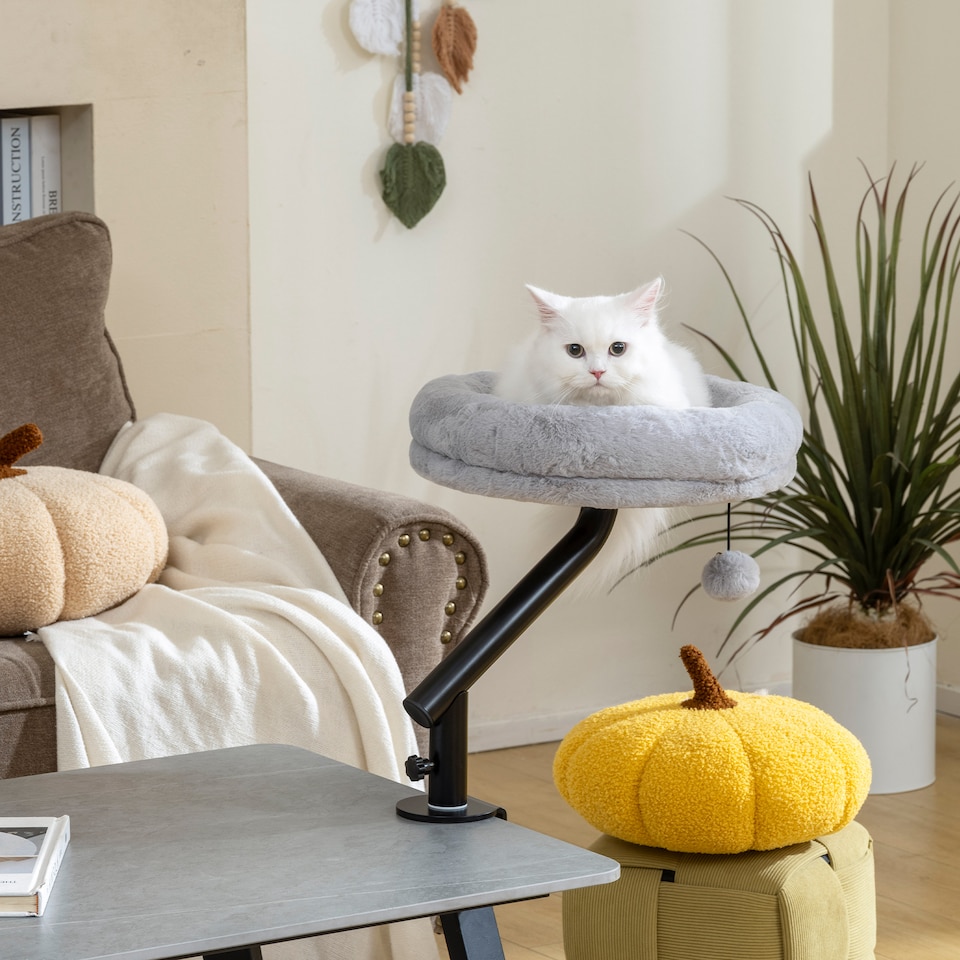 image 1 of PawHut Cat Bed for Desk, 360 degrees Rotatable Adjustable Elevated Cat Desk Bed, Comfortable Soft Plush Kitten Hammock Nest Cushion Machine-Washable