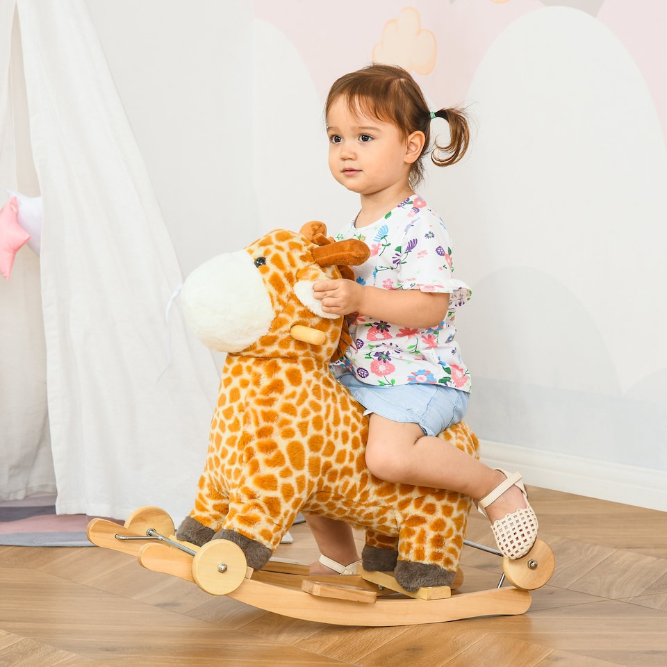 image 1 of HOMCOM 2 In 1 Kids Todder Rocking Horse Plush Ride On Giraffe Rocker with Wheels Wooden Base Animal Sounds for 3-6 Years
