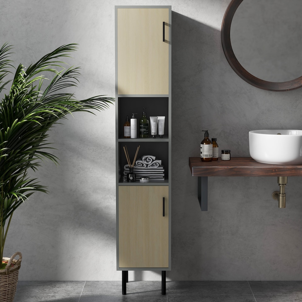 image 1 of kleankin Tall Bathroom Cabinet, Free Standing Bathroom Storage Cabinet Cupboard with Door and Adjustable Shelves for Kitchen, Living Room