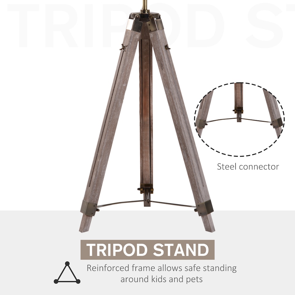 image 1 of HOMCOM Industrial Tripod Floor Lamp, Nautical Searchlight with Adjustable Height, Wood Legs, E14 Lamp Base for Living Room, Bedroom, Grey and Bronze