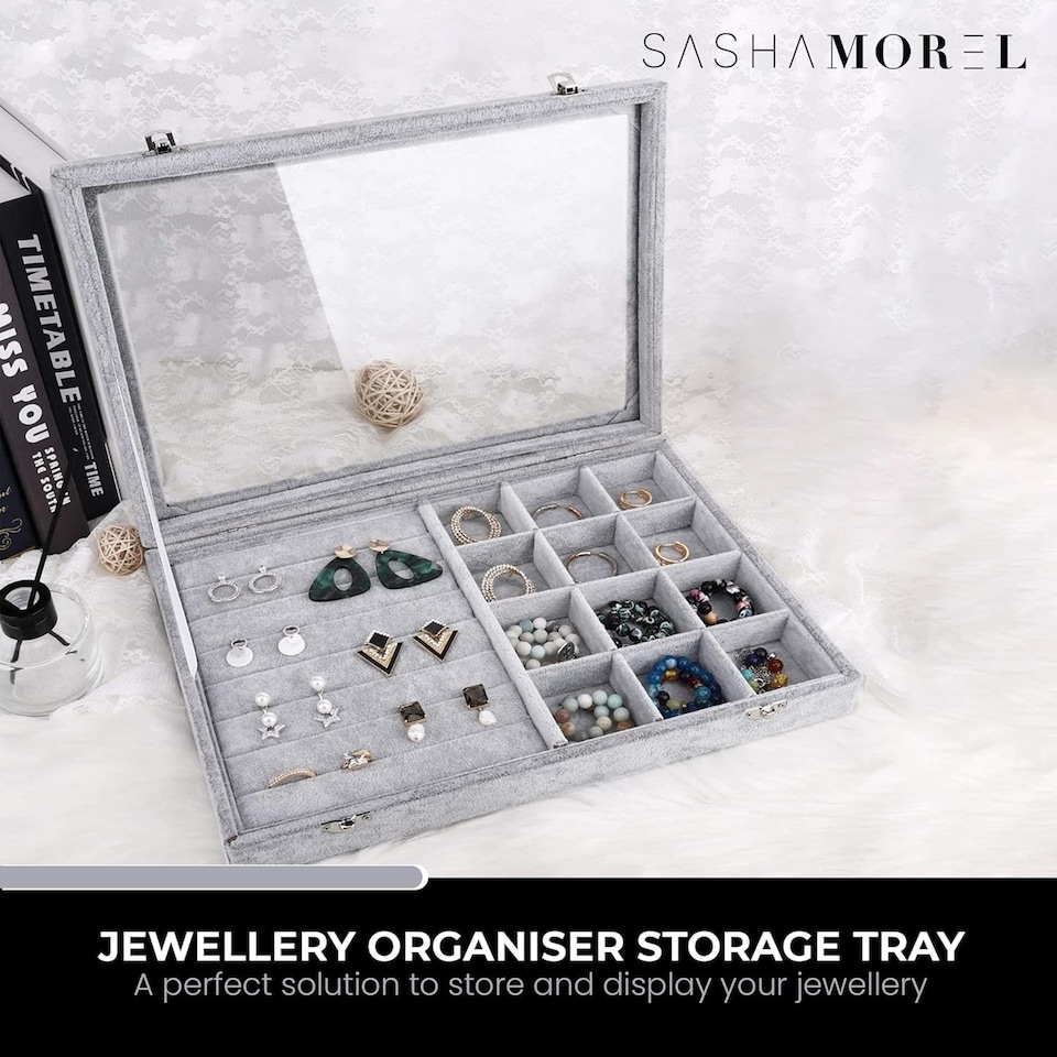 image 1 of Jewellery Box Storage Organiser 12 Grid Earrings Rings Display Case Sasha Morel