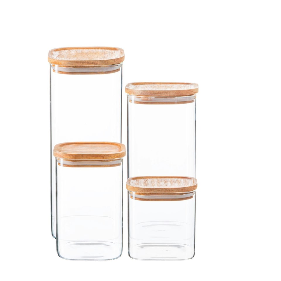 image 1 of Argon Tableware 4 Piece Square Glass Storage Jars Set with Wooden Lids