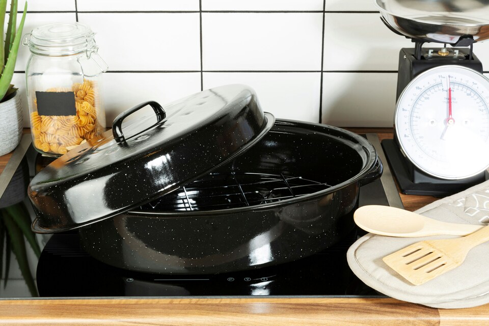 image 1 of Carvara Black Enamel Large Casserole Dish | Grey