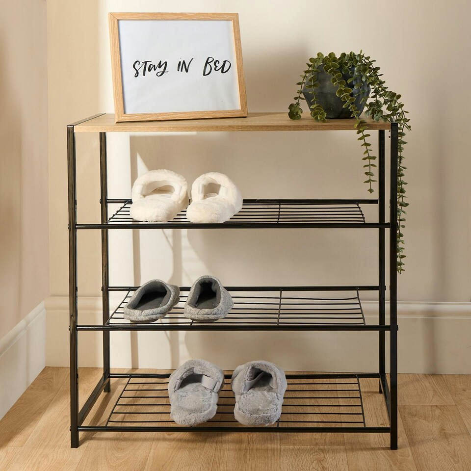 image 1 of OHS 4 Tier Home Hallway Bedroom Shoe Storage Organiser Wire Shelving Unit - Black
