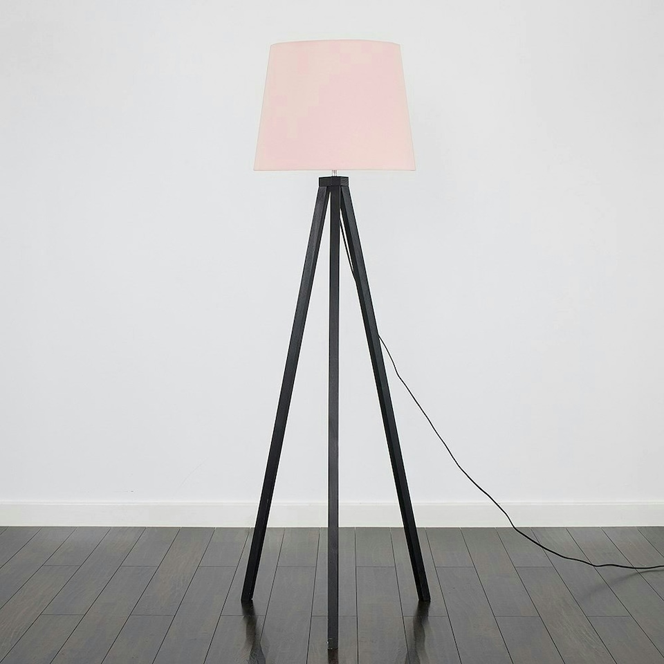 image 1 of ValueLights Modern Black Wood Tripod Design Floor Lamp With Pink Shade