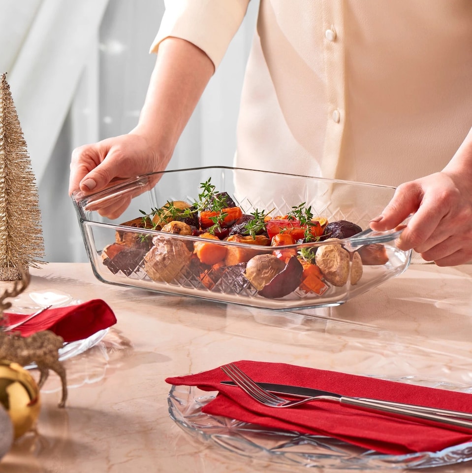 image 1 of Glass Cooking Baking Roasting Oven Serving Tray Rectangular | Clear | Clear | Rectangular with Handles | 1