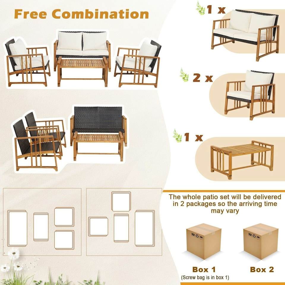 image 1 of COSTWAY 4 PCS Outdoor Patio Rattan Chair Table Set w/Cushions