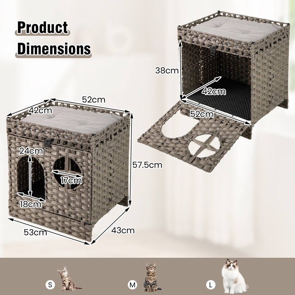 image 1 of COSTWAY Foldable 2-tier Rattan Cat Litter Box Enclosure With  Litter Mat-Gray