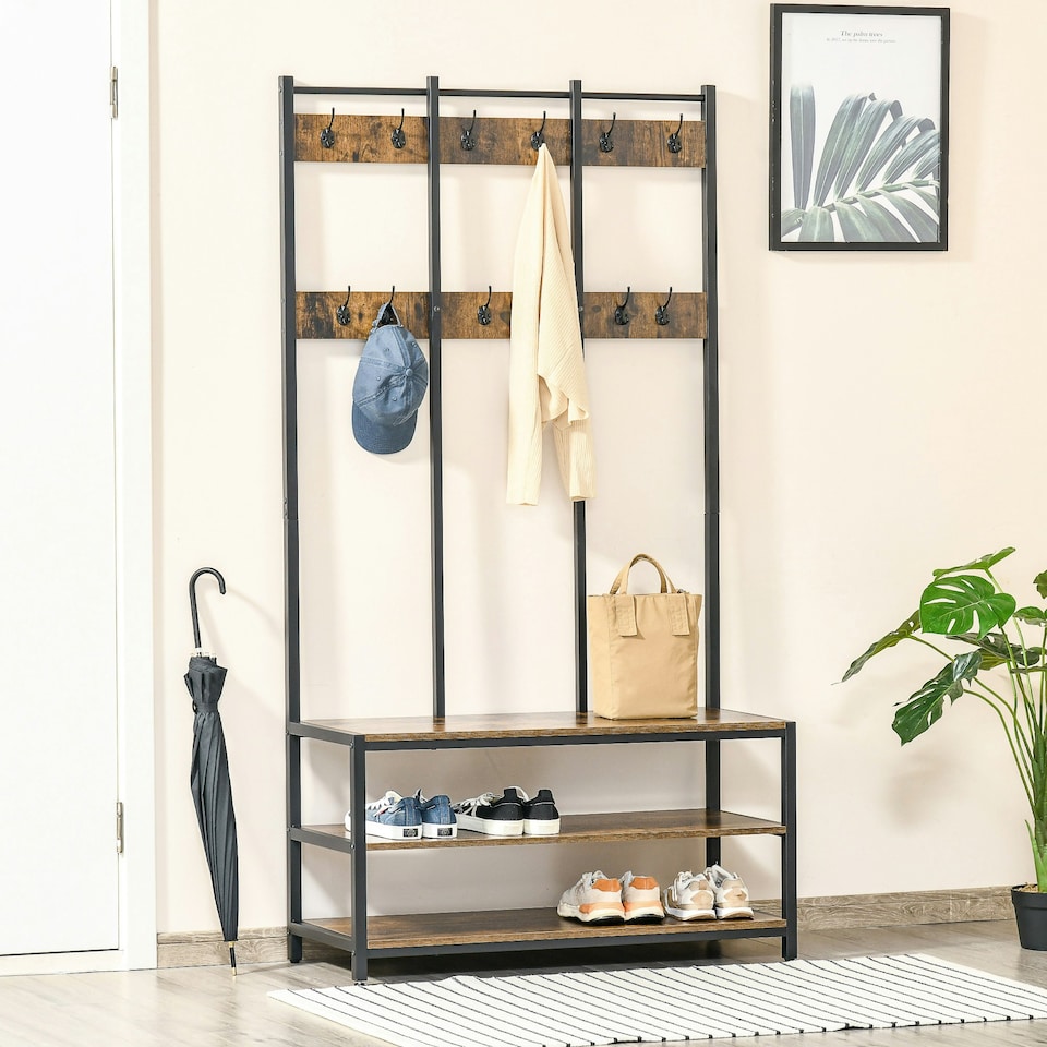 image 1 of HOMCOM Entryway Coat Rack Hall Tree Shoe Bench 3 in 1 Design Metal Storage Rack